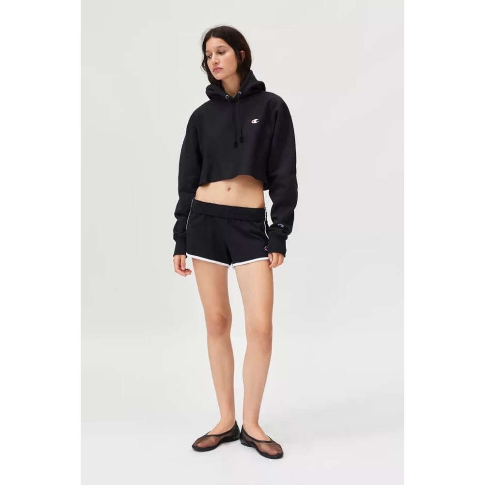 Champion Women's Reverse Weave Cropped Hoodie Large Black Script Sleeve Logo